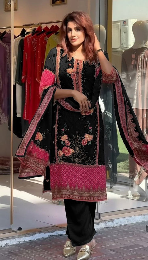 New Premium Chinon febric Pakistani Floral print and embroidery mirror works 3-Piece kurti SET