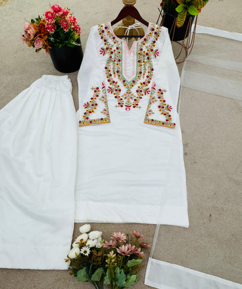 New Designer Natural Crep Silk Top-Bottom And Dupatta Set Fully Stitched Ready To Wear