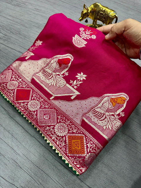 New Pure Dola silk with Zari weaving Saree with zarkan Pallu  border &  samosa lace border