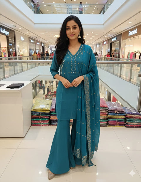 New Beautiful Real Hand WorkMuslin Silk DupattaRoman Silk PalazzoCHANDERI SHORT TOP SET