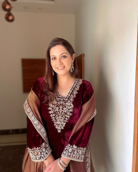 New Designer Party Wear Look Heavy Pure Viscose Velvet Top Bottom & Dupatta Set