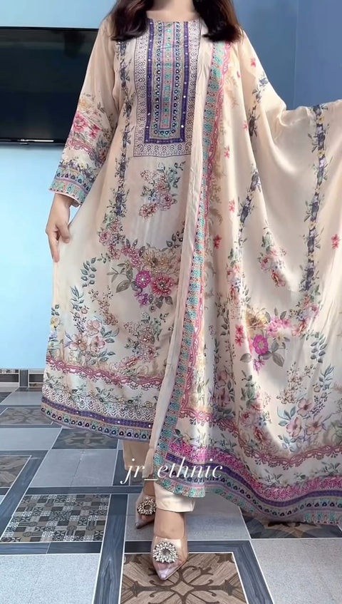 NEW ARRIVALS beautifully decorated with digital prints and hand embroidery and hand works Lilac Silks Suit
