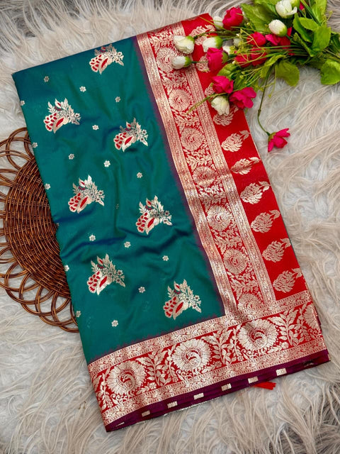 New golden designs and soft tassels Elegant Banarasi Saree
