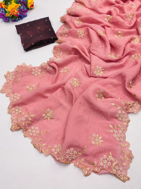New Arrival Beautiful Embroidery& Moti Work Scalloped Cut work Border saree