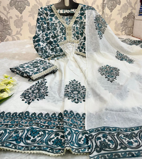 New Stylish Alia Cotton Flair kurti with pant and malmal dupatta