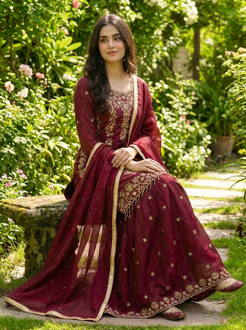 New Designer Collection In GMY SILK With Heavy Embroidery Sequence Work Top-Bottom And Dupatta Set