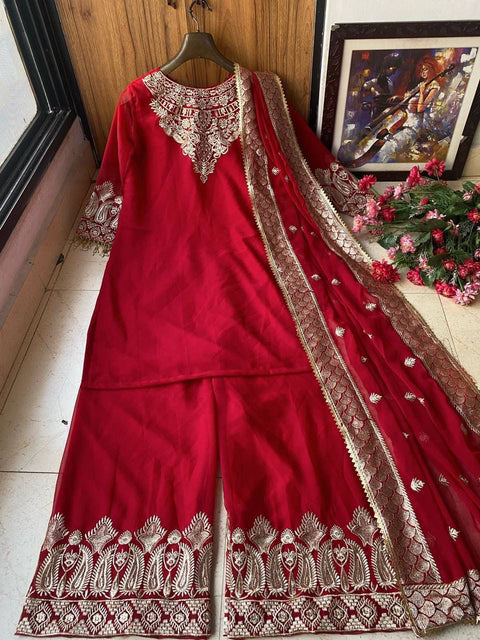 New QUALITY HEAVY GEORGETTE TOP WITH BEAUTIFUL FULLY EMBROIDERED &  HEAVY GEORGETTE PLAZZO