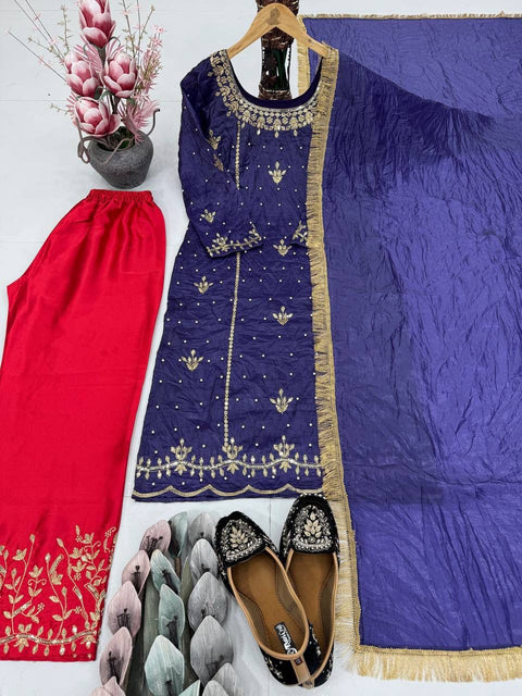 New DESIGNER HEAVY GOLD CRUSHE EMBROIDERED SEQUENCE WORK WITH FANCY TOP-PENT DUPATTA SET