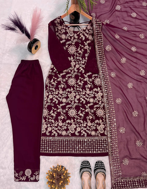 New FAUX GEORGETTE SEQUENCE EMBROIDERED WORK TOP AND PENT WITH DUPATTA
