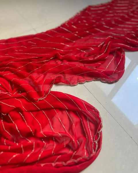 New pure red georgette saree Three Layer Cutdana Border And Double Layer Arco hand work Border Having All Over Saree
