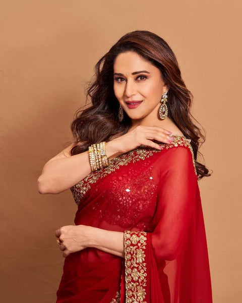 NEW RED HEAVY GEORGETTE FABRIC ON BEAUTIFUL EMBRODERY SEQUENCES AND ZARI THRED WORK ON LACE saree