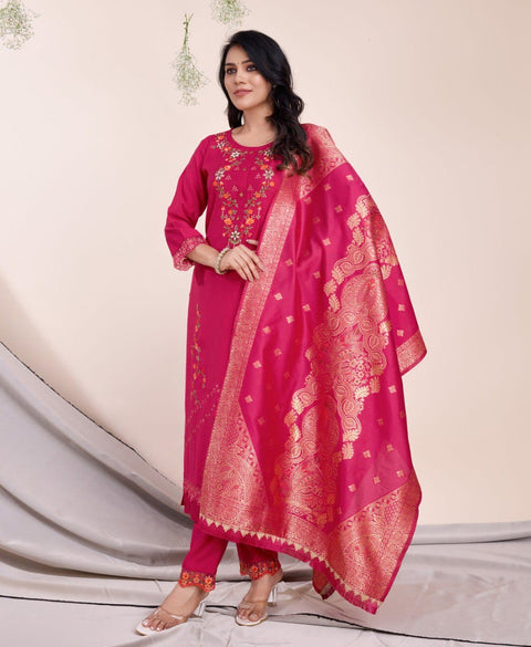 New Pink Viscose Silk Floral Embroidered Kurta Set