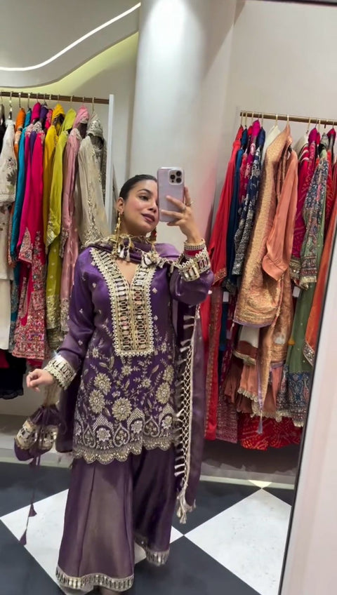 New WEDDING SEASON OUR DESIGNER WEAR KURTI PLAZZO PAIR WITH REAL MIRROR EMBROIDERY WORK