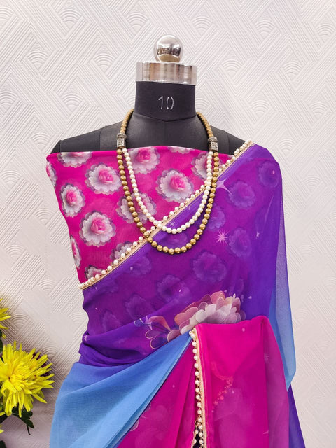 New Digital Print with pearl lace border saree