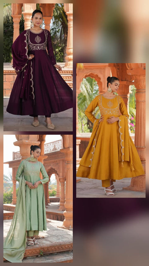 New Designer Embroidered Anarkali and Pant with Dupatta Set
