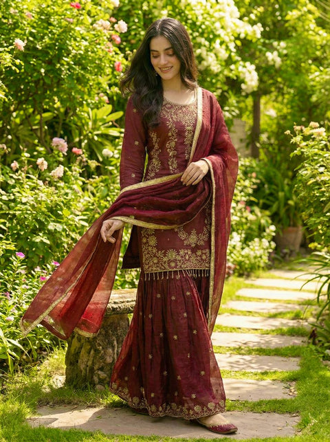 New Designer Collection In GMY SILK With Heavy Embroidery Sequence Work Top-Bottom And Dupatta Set