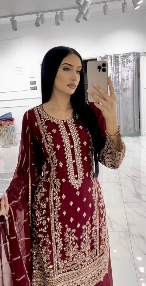 New PRESENTING 3 PIECE STYLISH KURTI, PLAZZO AND DUPATTA WITH BEAUTIFUL EMBROIDERY SEQUENCE WORK