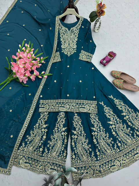 NEW Launching Designer Party WearHeavy Chinon Silk Plazo with Dupatta