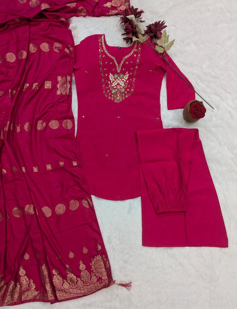 New Beautiful Real Hand WorkMuslin Silk DupattaRoman Silk PalazzoCHANDERI SHORT TOP SET