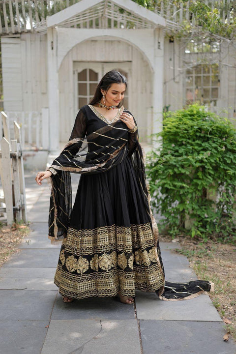 New Faux Blooming Gown with Dupatta With Attractive Embroidered Sequins work with Lace Border