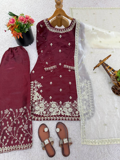 New Designer Collection In GMY SILK With Heavy Embroidery Sequence Work Top-Bottom And Dupatta Set Fully Stitched Ready To Wear