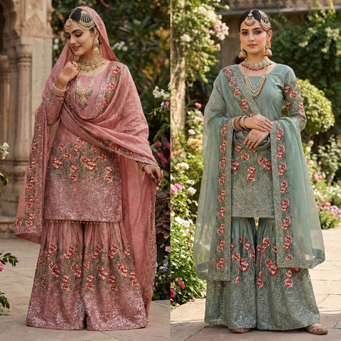 New Pure Fendy Silk With Heavy Embroidery Sequence Work Top-Bottom And Dupatta Set