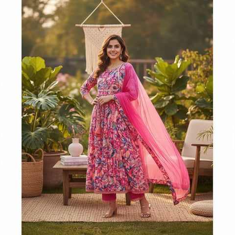 New Premium georgette print and full lining with pent and Nazneen dupatta Anarkali gown
