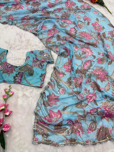 New Premium Georgette Embellished With Beautiful Print , Beautiful Handwork Sequins Work , Beautiful Hand Mirror Work With Beautiful Lace saree