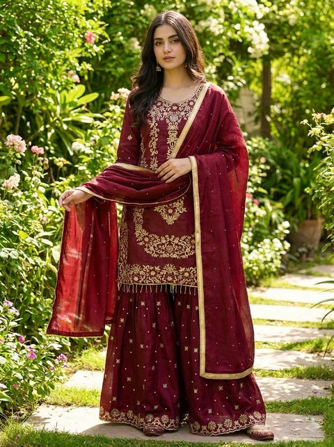 New Designer Collection In GMY SILK With Heavy Embroidery Sequence Work Top-Bottom And Dupatta Set