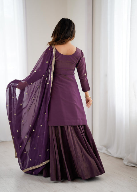 NEW HIGH PREMIUM QUALITY PURE ROMANSHIMMER CHANDERI SILK FABRIC KURTA WITH FULLY FLARE LAHENGA WITH DUPPTA SET