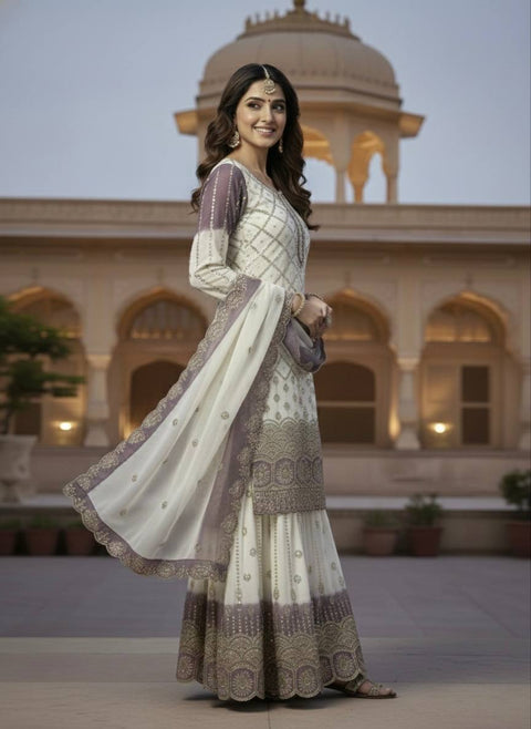 New  Designer Party Wear Look Pur Heavy Dual Tone Peding Star Georgette Top Plazzo & Dupatta Set