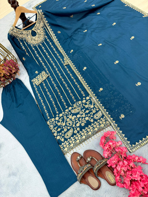 New Designer Party Wear Look Pur Chinon Silk Top Bottom & Dupatta Set