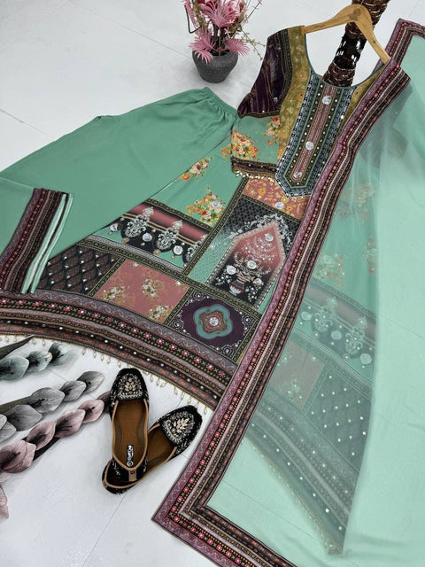 NEW DESIGNER HEAVY FUAX GEORGETTE DIGITAL PRINT HAND WORK FANCY SALWAR SUIT