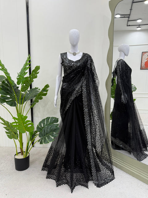 New beautiful DesignerSoft Net Febric with Sequnce work and blouse with saree