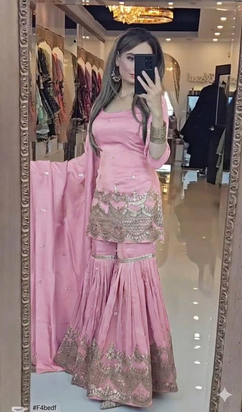 New Premium Neutral Silk With Heavy Embroidery Work Sarara Plazo