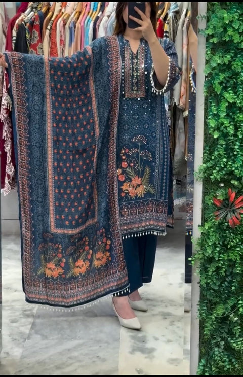 New DESIGNER WEAR PRINTED TOP WITH PANT PAIR IN REAL MIRROR AND DIAMOND WORK