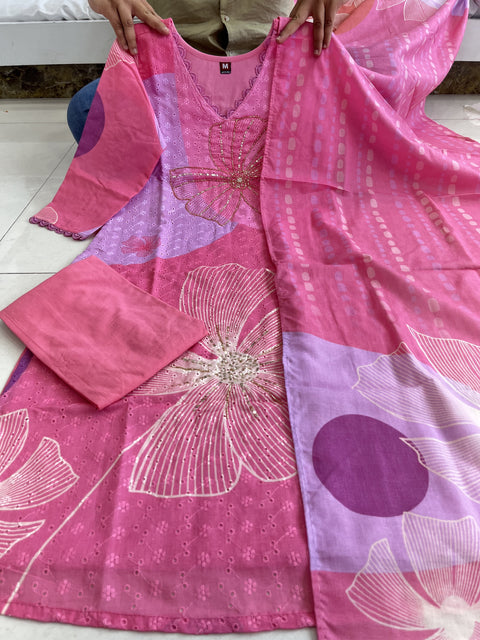 NEW SHIFLI  LUNCHING HEVAY SHIFLI FABRIC DIGITAL PRINTING HAND WORK FULL NECK LACE LINEN Suit Set