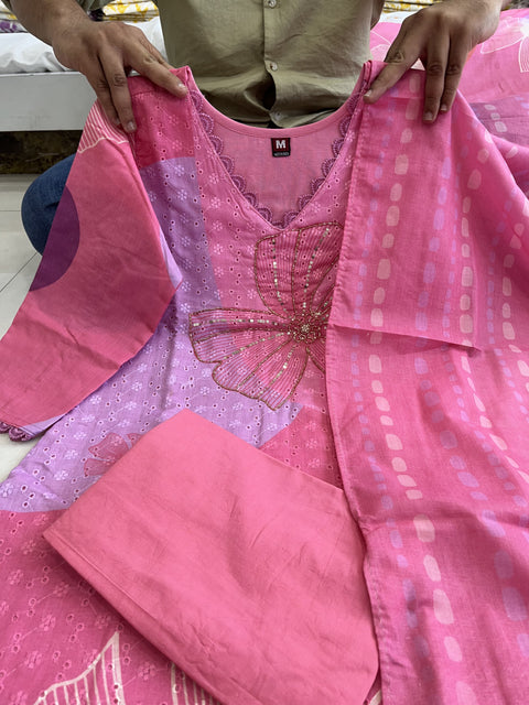 NEW SHIFLI  LUNCHING HEVAY SHIFLI FABRIC DIGITAL PRINTING HAND WORK FULL NECK LACE LINEN Suit Set