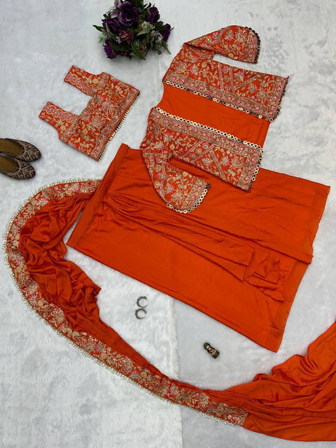 NEW SUPERHIT TRENDING READY TO WEAR SAREE WITH FULLY EMBROIDERED KOTI ON  CHINON FABRIC WITH STITCH BLOUSE