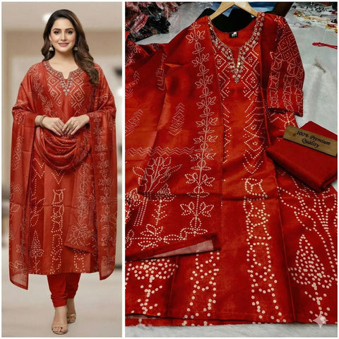 New SILK FABRIC with DIGITAL PRINT AND HANDWORK in neck with inner top with duppta