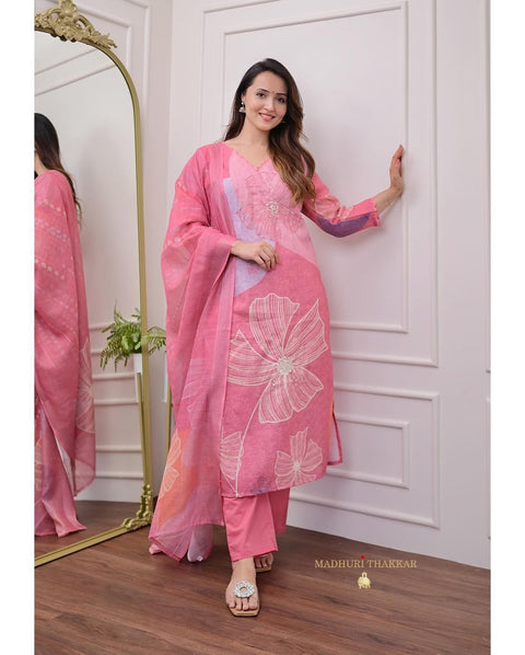 NEW SHIFLI  LUNCHING HEVAY SHIFLI FABRIC DIGITAL PRINTING HAND WORK FULL NECK LACE LINEN Suit Set