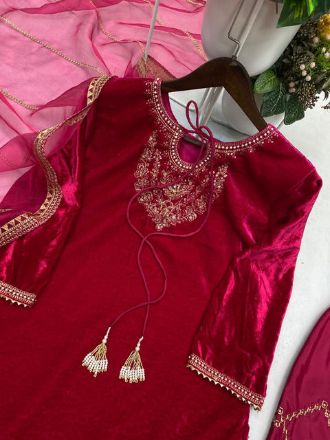 New VELVET DESIGNER WEAR KURTA PANT PAIR WITH EMBROIDERY WORK