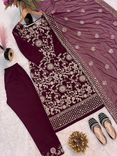 New FAUX GEORGETTE SEQUENCE EMBROIDERED WORK TOP AND PENT WITH DUPATTA