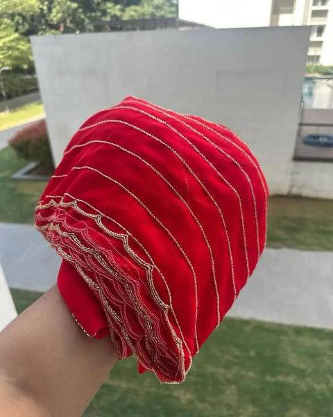 New pure red georgette saree Three Layer Cutdana Border And Double Layer Arco hand work Border Having All Over Saree