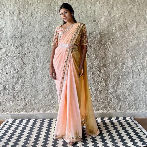 New Beautiful Faux Georgette With Heavy Embroidery Sequence And Stone Work On Lace Border saree