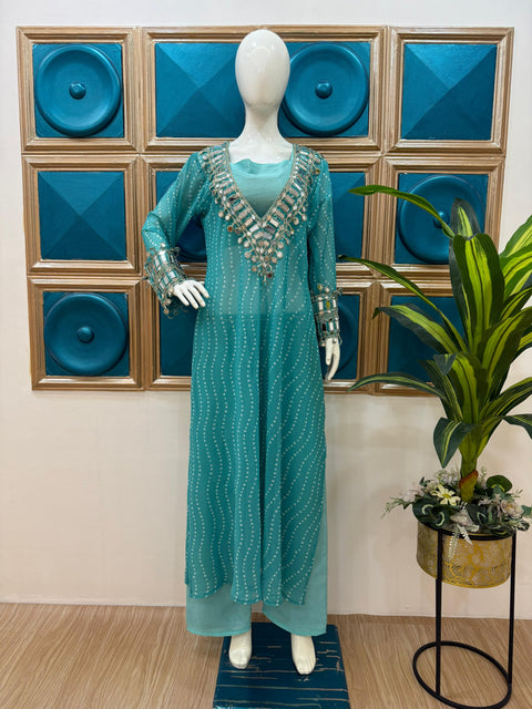 NEW SUPERHIT TRENDING KURTI, PENT & BLOUSE ON CHINON FABRIC WITH DIGITAL PRINT AND REAL MIRROR HAND WORK