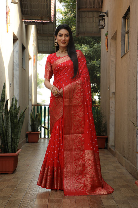 New premium and high quality , comfortable Bandhej Kanjivaram silk saree