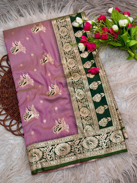 New golden designs and soft tassels Elegant Banarasi Saree