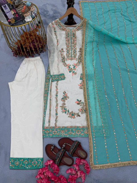 New  Designer Party Wear Look Pur Gmy Silk Top Plazzo & Dupatta Set