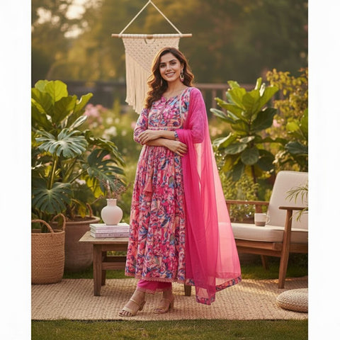 New Premium georgette print and full lining with pent and Nazneen dupatta Anarkali gown